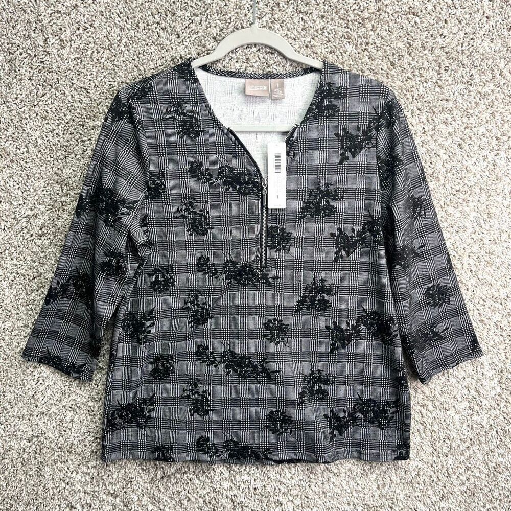 Chicos Top Women’s 1 / M / 8 Gray & Black Plaid & Floral Print Zip Jacquard NWT